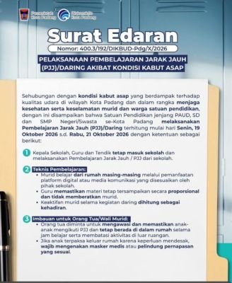Dinas Pendidikan Kota Padang Perpanjang PJJ Hingga Rabu